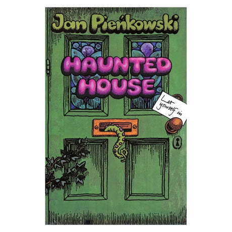 Front cover of Jan Pieńkowski's Haunted House pop-up book, featuring a green door with a monster tentacle in the mail slot.