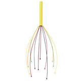 A multi-colored head massager with a yellow handle and several flexible metal wires of various colors, each ending in a rounded tip, spread outward.