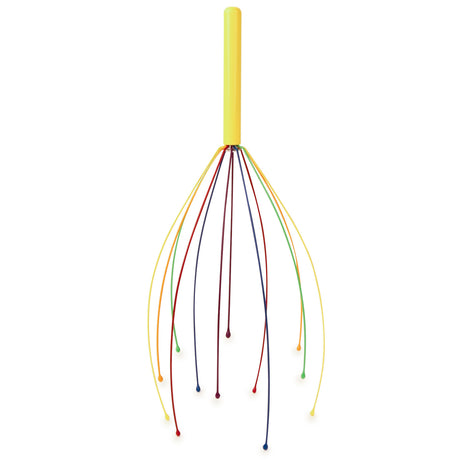 A multi-colored head massager with a yellow handle and several flexible metal wires of various colors, each ending in a rounded tip, spread outward.