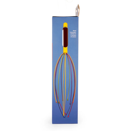 Packaging of a head massager on a blue box. The tool has a yellow handle and multicolored flexible wires. Text reads "Head massager comes in a variety of colors."