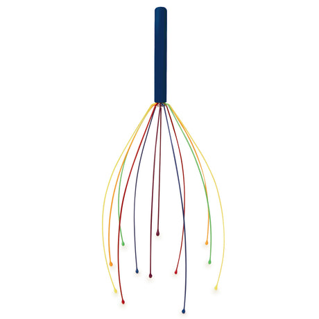 A blue-handled scalp massager with thin, curved metal wires tipped with colored rubber ends extends outward like a whimsical, multi-colored whisk.
