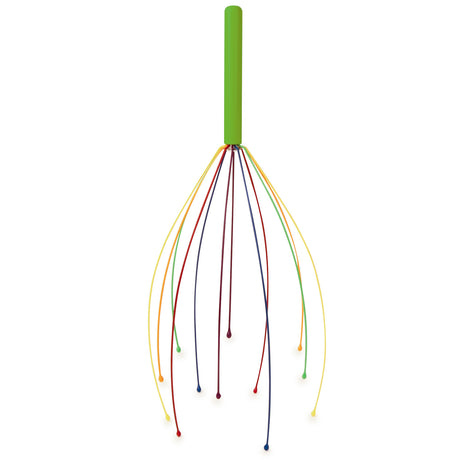 A green-handled head massager with colorful, flexible metal prongs splayed out. The prongs are red, blue, yellow, and orange, conveying a playful tone.