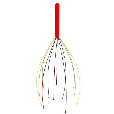 A head massager with a red handle and multiple colorful, flexible wires fanning out, each tipped with a round end. The tone is playful and relaxing.
