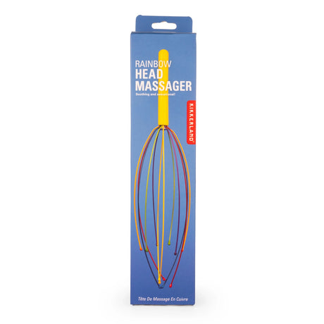 Packaging of a rainbow head massager with a yellow handle and colorful wires, set against a blue background. The text reads "Kikkerland."