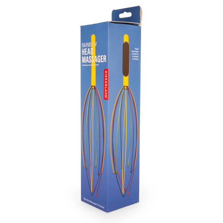 Blue packaging for a "Rainbow Head Massager" by Kikkerland. The box features an illustration of the colorful massager and promotes its soothing qualities.