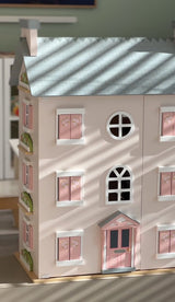 Heather Hall dolls house shown with furniture and dolls laid out together