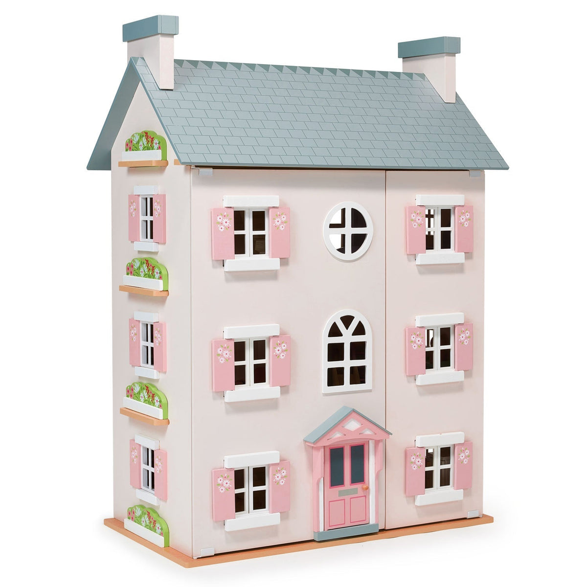 Mentari Heather Hall four-storey wooden dolls house, front view with shutters closed