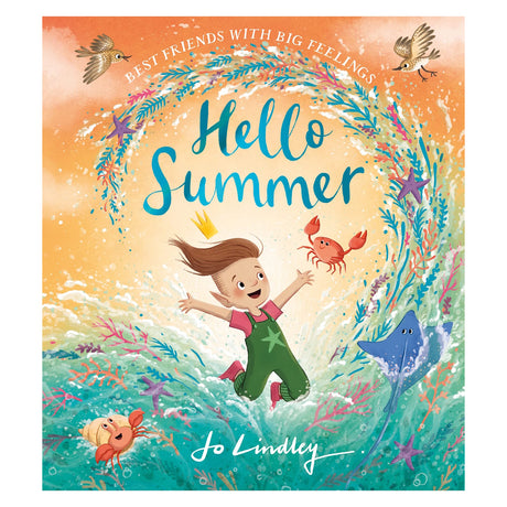 Book cover of "Hello Summer" featuring a child jumping in ocean waves surrounded by crabs, fish, and birds.