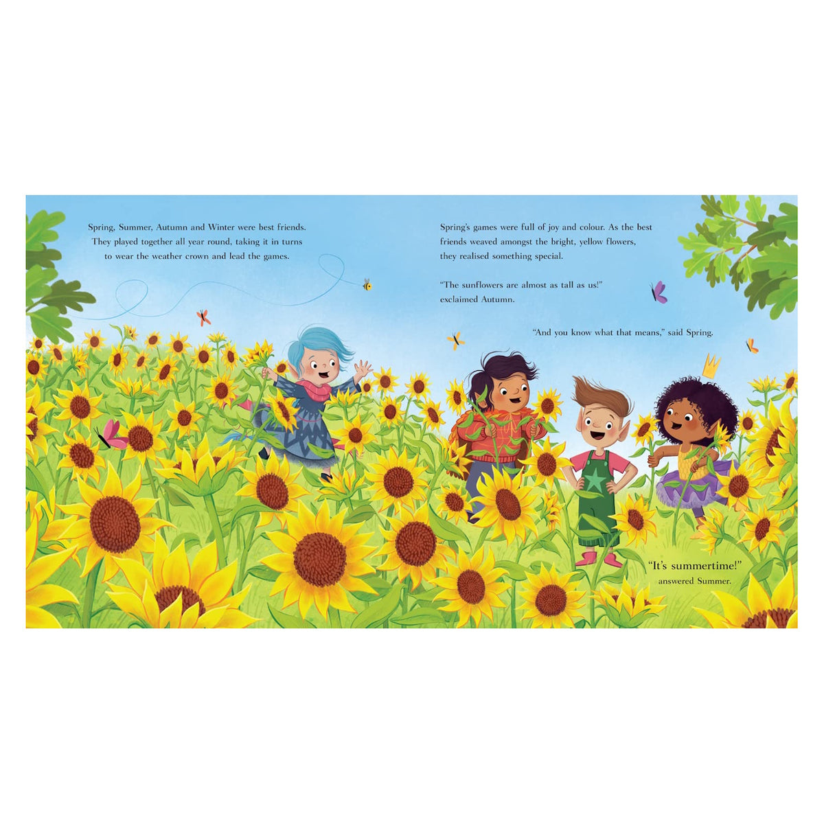 Book illustration of four children playing happily in a vibrant field full of tall blooming sunflowers.