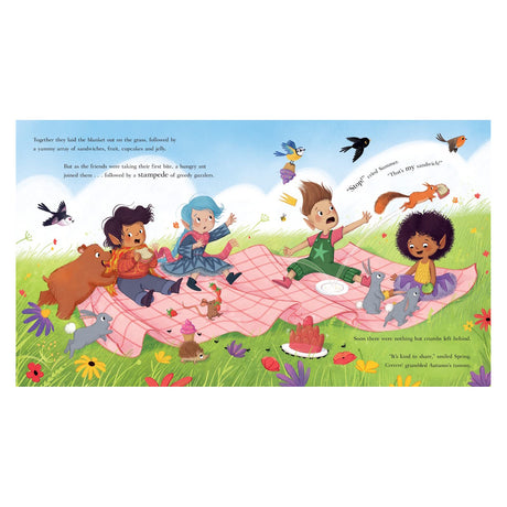 Children's book illustration of kids on a picnic blanket as woodland animals steal their food.