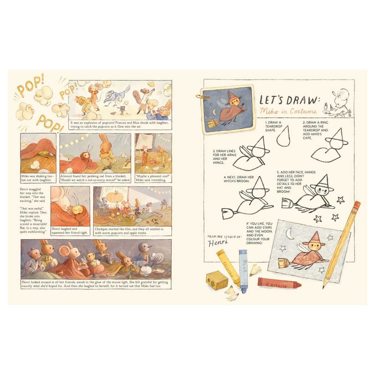 Illustrated pages from Henri & Miko showing a cozy movie night scene with popcorn on the left and a step-by-step "Let's Draw: Miko in Costume" guide on the right.