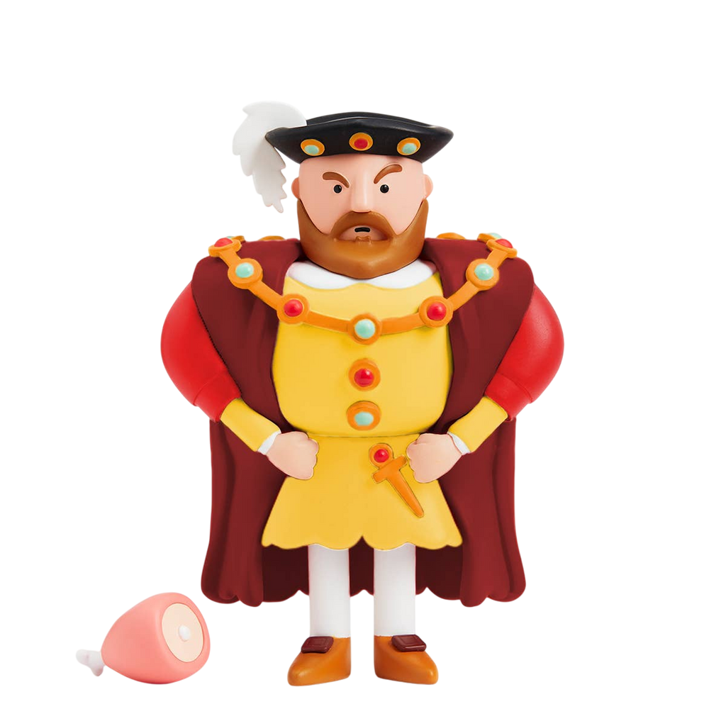 A cartoonish king figure stands confidently with hands on hips. Dressed in a yellow tunic and red cape, he wears a feathered hat. A cartoon ham lies beside him.