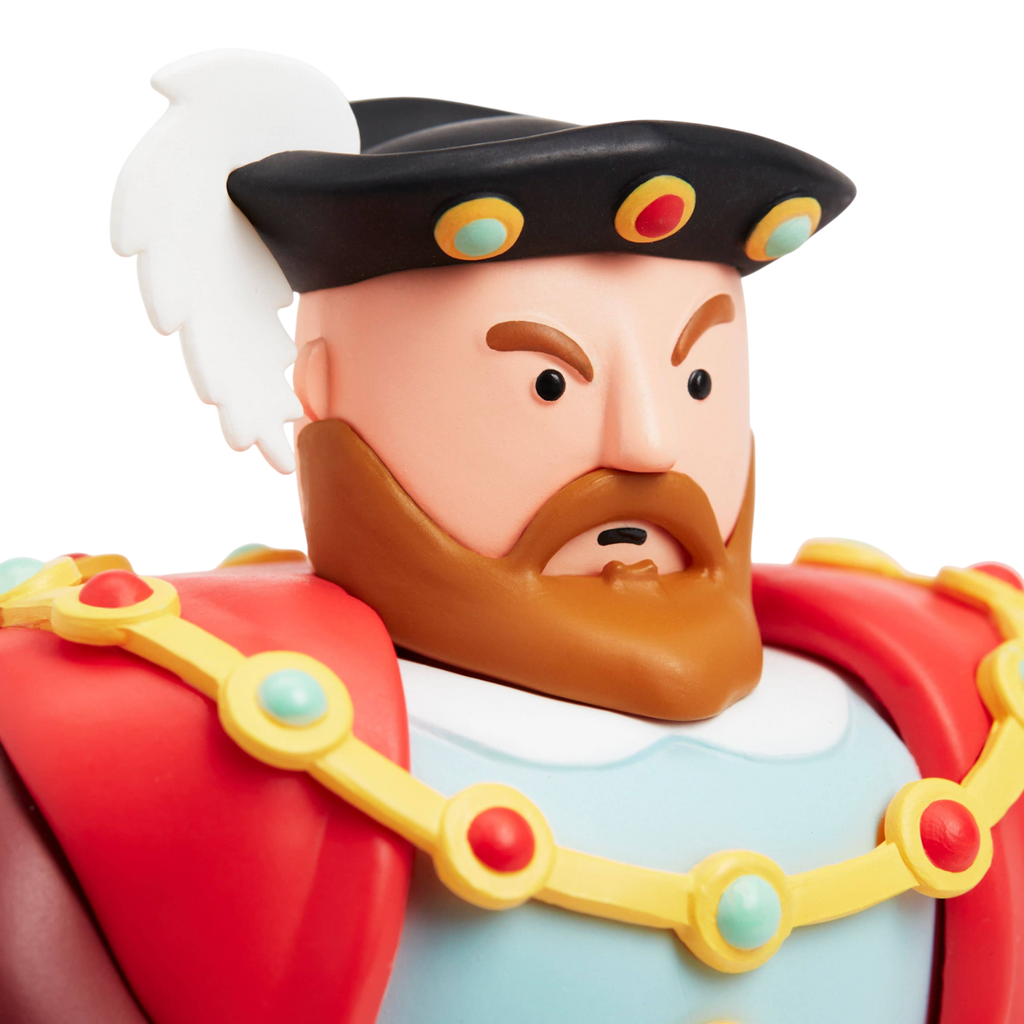 Toy figure of a king with a stylized beard, wearing a black hat with colorful ornaments and a red robe with gold trim, set against a white background.