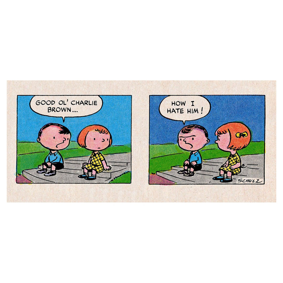 Peanuts comic strip: A boy says "Good ol' Charlie Brown..." then glares and says "How I hate him!" next to a girl.