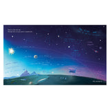 Illustrated scene showing land, sea, and sky transitioning from day to night. Constellations, planets, and the Milky Way are labeled against a starry sky.