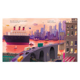 Illustration of a cityscape during sunset with a large ship on the river, busy bridge with cars, and vibrant buildings. Text reads about time passing quickly.