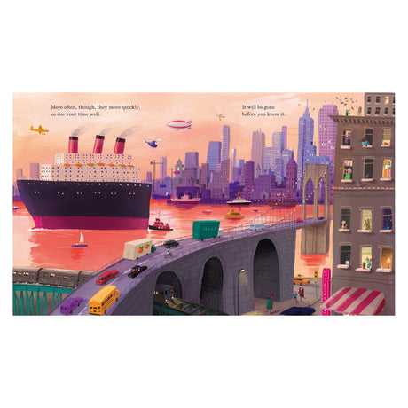 Illustration of a cityscape during sunset with a large ship on the river, busy bridge with cars, and vibrant buildings. Text reads about time passing quickly.