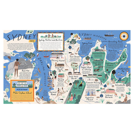 Illustrated map of 1836 Sydney, featuring landmarks like Darling Harbour, Hyde Park, and Government House. The scene includes historical figures, ships, and lush greenery, conveying a vibrant, educational tone.
