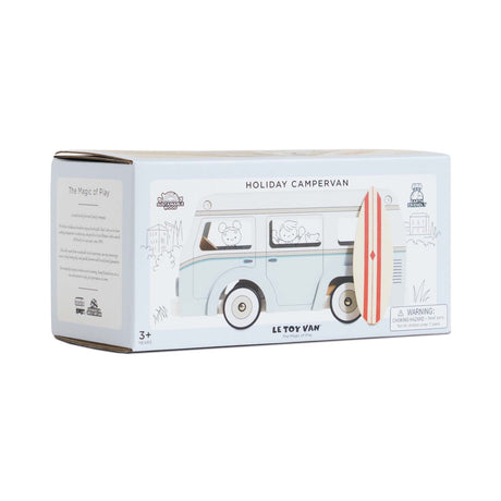 Product packaging box for a light blue toy camper van with a surfboard design on the front.
