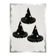 Meri Meri black honeycomb witch hat decorations packaging featuring three star-studded hats.