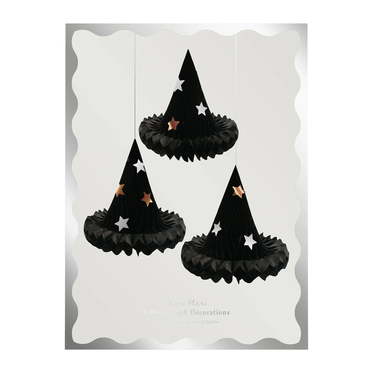 Meri Meri black honeycomb witch hat decorations packaging featuring three star-studded hats.