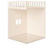 A minimalist dollhouse bathroom with two small windows and curtains, featuring a decorated tiled floor.