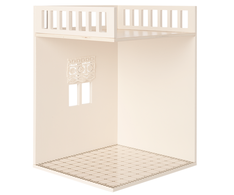 A minimalist dollhouse bathroom with two small windows and curtains, featuring a decorated tiled floor.