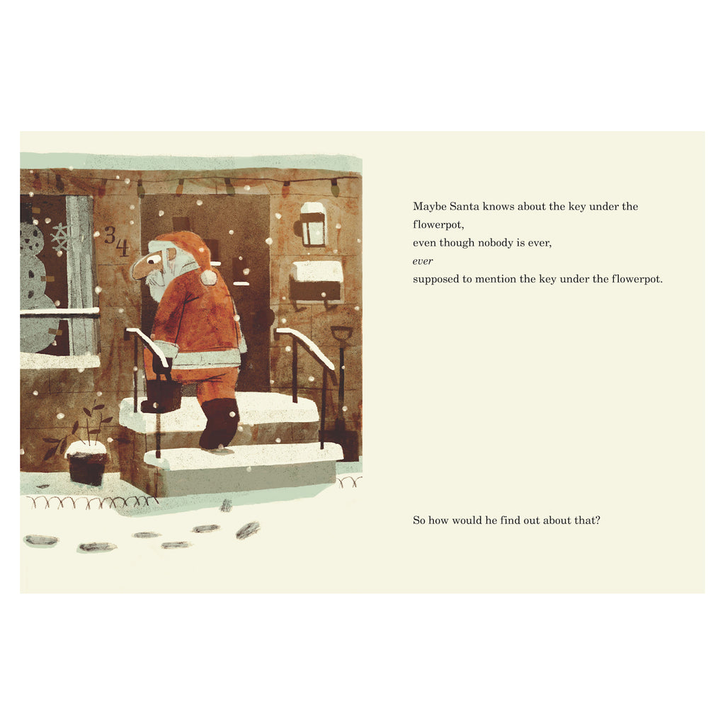 Santa in red suit leans over a snowy porch beside a flowerpot, with a warm glow from nearby windows. Text ponders how Santa knows about a hidden key.