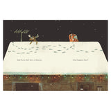 Children's book illustration of Santa and a reindeer on a snowy roof with the text "And if you don't have a chimney..."