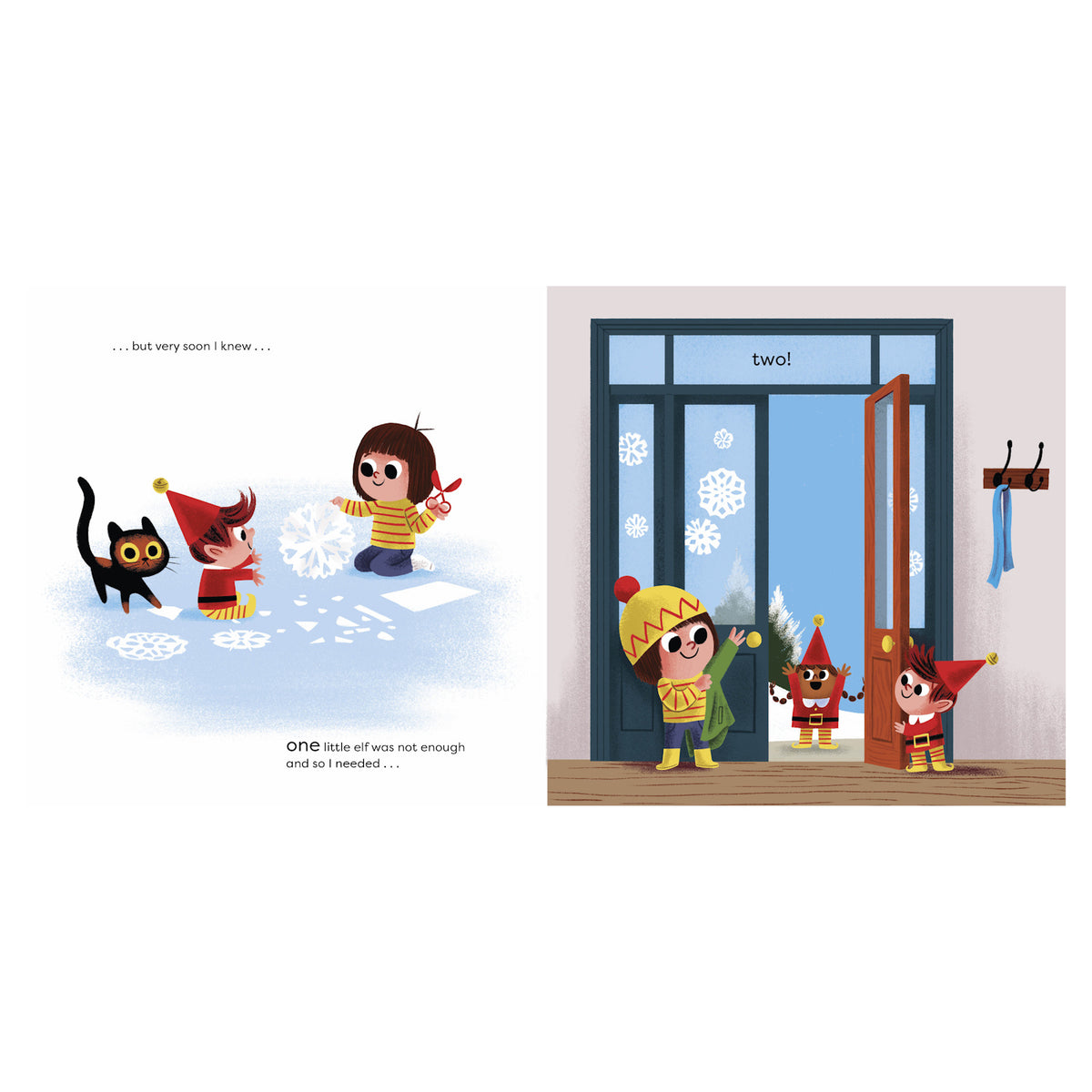 A child and an elf cut paper snowflakes indoors with a curious cat. The next image shows them at a door, welcoming another elf. The scene is cozy and playful.