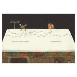 Illustration of a reindeer and Santa on a snowy roof with footprints and the text, "And if you don't have a chimney..."