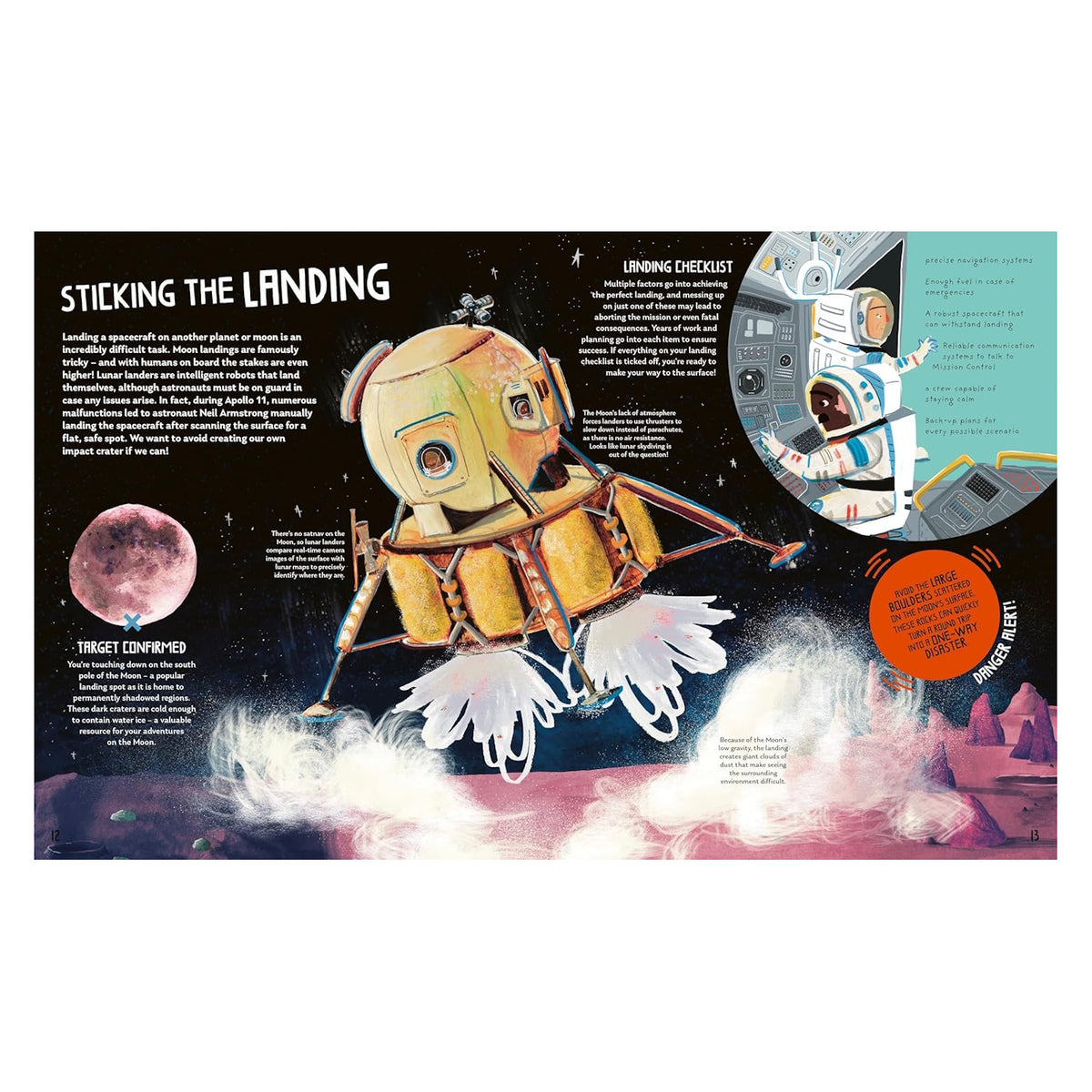 Illustration of a lunar lander touching down on the moon's surface with astronauts and spacecraft landing checklists.
