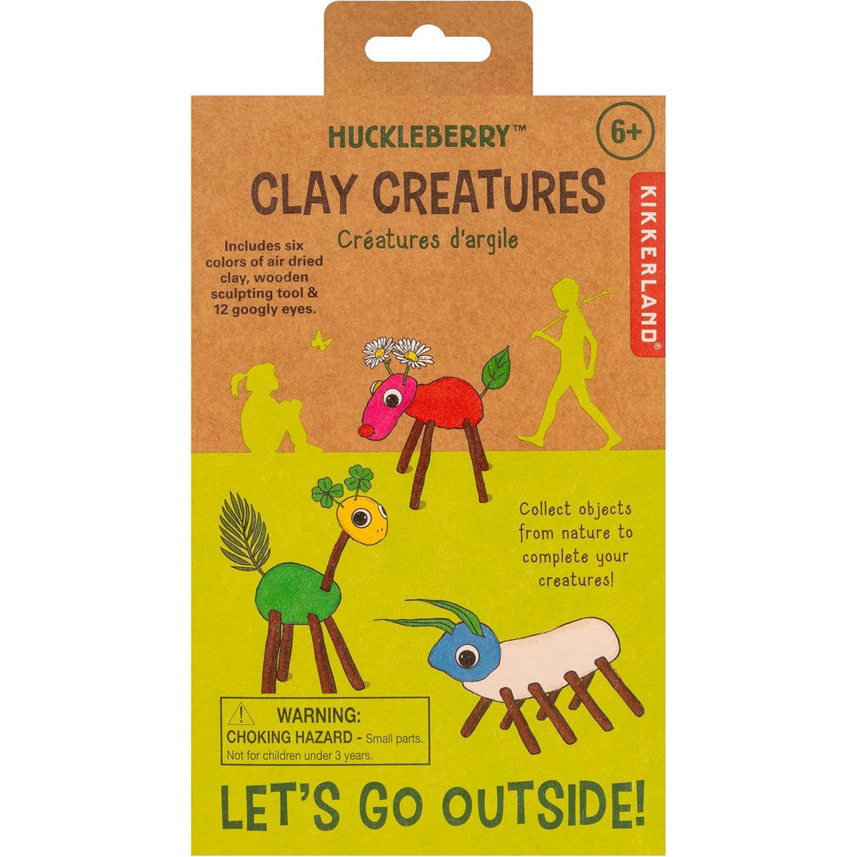 Huckleberry Clay Creatures packaging showing a DIY craft kit for kids to make clay animals with nature-found objects.