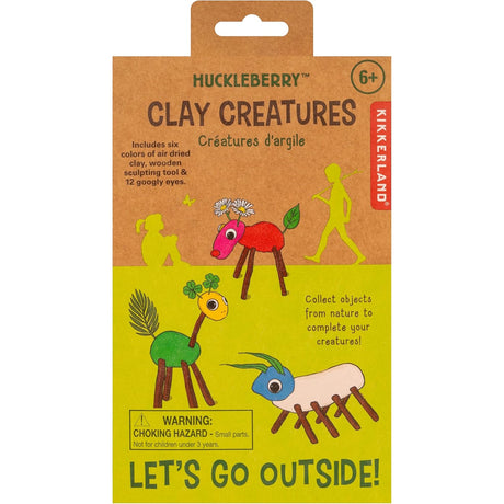 Huckleberry Clay Creatures packaging showing a DIY craft kit for kids to make clay animals with nature-found objects.