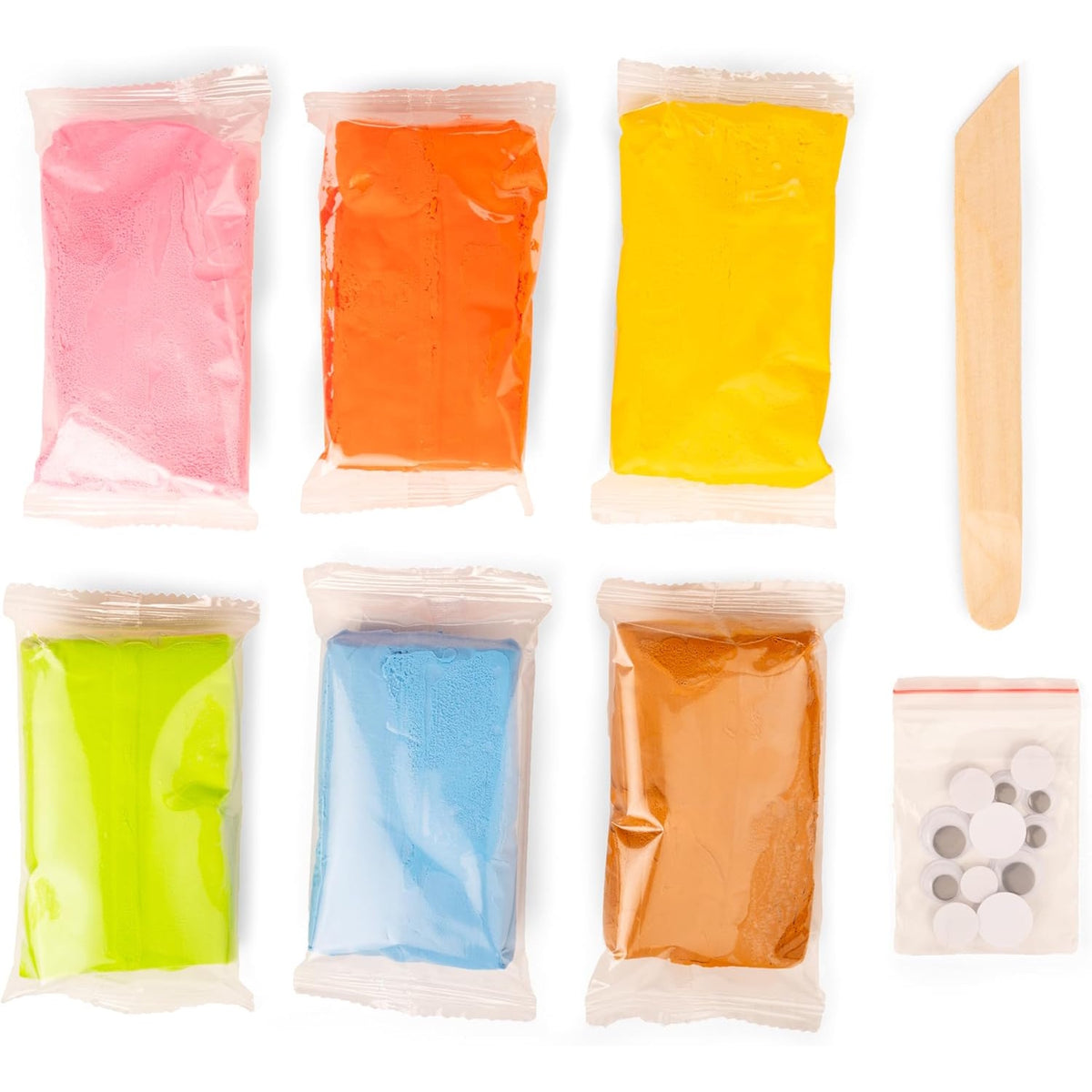 Clay modeling kit with six colorful clay packs, a wooden sculpting tool, and googly eyes for DIY creature crafts.
