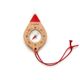 Huckleberry teardrop wooden kids compass with red tip engraved cardinal directions and red neck cord.