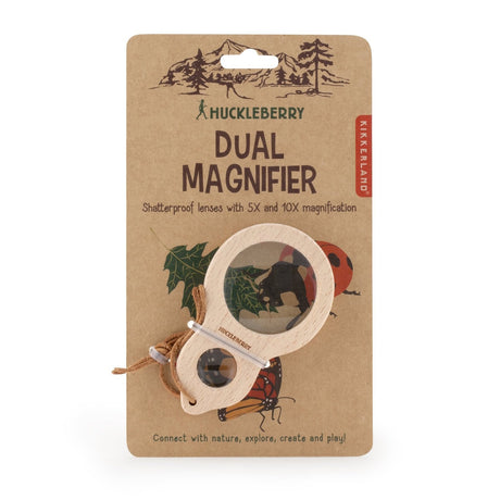 Huckleberry Dual Magnifier by Kikkerland on cardboard packaging with shatterproof 5X and 10X lenses and a wooden frame.