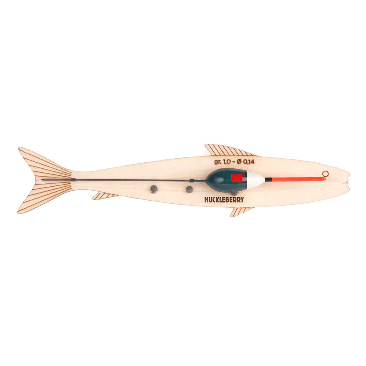 Huckleberry wooden fish-shaped fishing kit with a green and red bobber, fishing line, and weights on a white background.