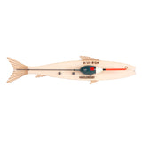 Huckleberry wooden fish-shaped fishing kit with a green and red bobber, fishing line, and weights on a white background.