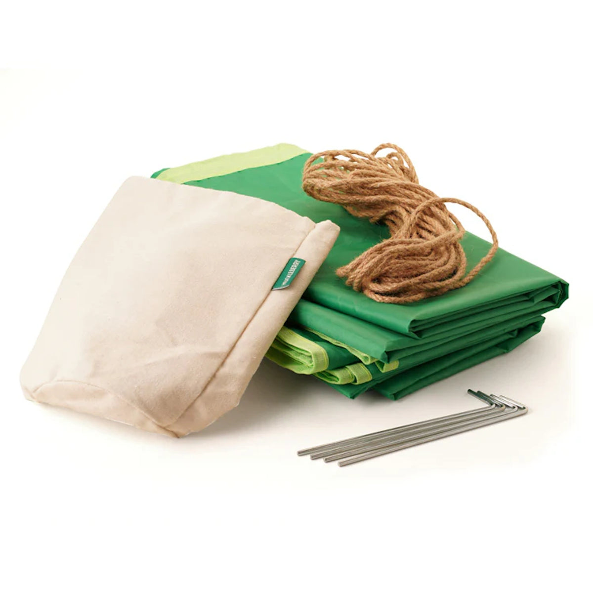 Huckleberry Hideaway kids camping tent set with folded green tarp, jute rope, metal stakes and canvas bag.