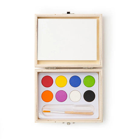 Huckleberry landscape paint kit wooden box with eight watercolor paints, brush, and blank postcard.