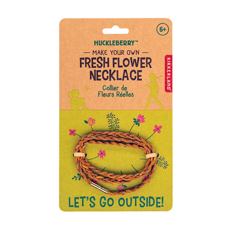 Huckleberry Make Your Own Fresh Flower Necklace kit packaging with a braided brown cord and floral illustrations.