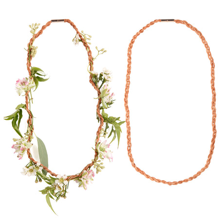 Huckleberry DIY fresh flower necklace kit featuring a braided tan cord and a floral-woven necklace on a white background.