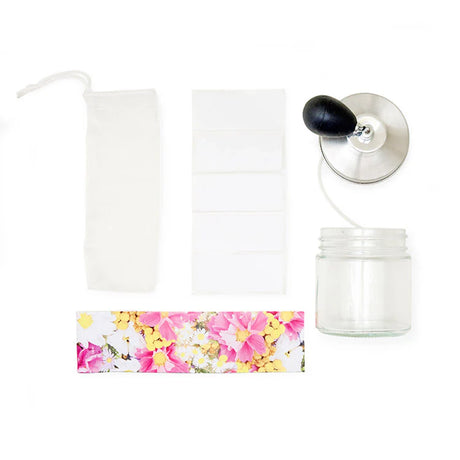 Huckleberry make your own perfume kit contents with glass jar atomizer muslin bag labels and floral wrap.
