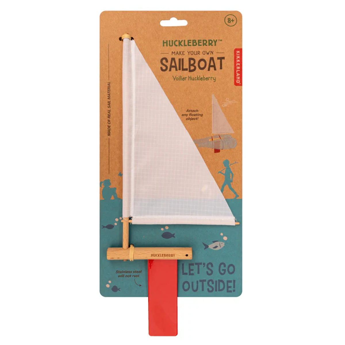 Huckleberry Make Your Own Sailboat kit packaging with wooden mast, white sail, and red keel for DIY outdoor water play.