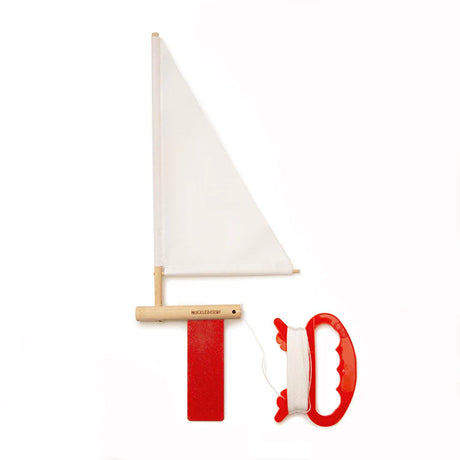 Huckleberry Make Your Own Sailboat kit with a white fabric sail, wooden mast, red keel, and a red twine winder.