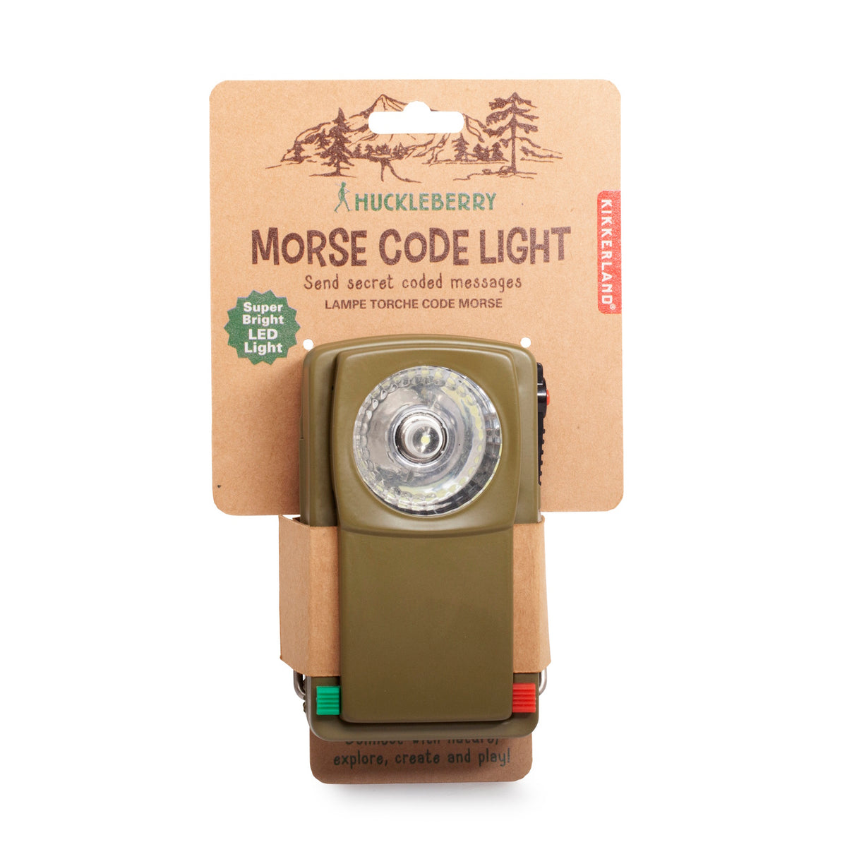 Huckleberry Morse Code Light by Kikkerland in kraft packaging, featuring an olive green LED signal flashlight for kids.