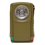 Huckleberry Morse code signal light in olive drab with red and green filters for outdoor exploration and signaling.