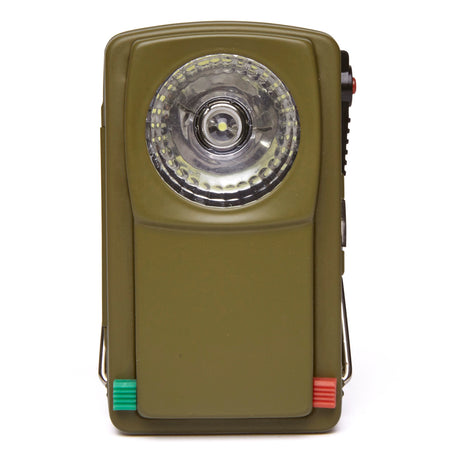 Huckleberry Morse code signal light in olive drab with red and green filters for outdoor exploration and signaling.