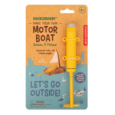 Huckleberry Make Your Own Motor Boat packaging. Waterproof yellow toy motor with 2-bladed propeller for DIY boats.